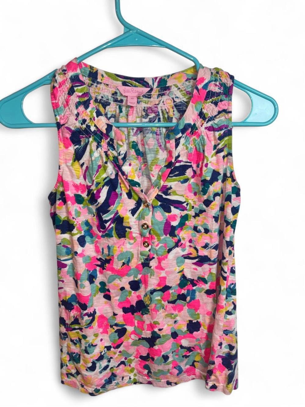 Lilly Pulitzer Multicolor Floral Henley Tank — Pink, Navy & Green